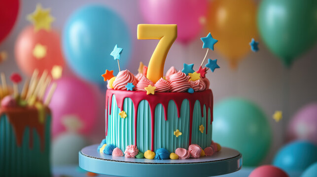 Colorful fun car truck-themed 7th Birthday Cake with Red Number Seven Topper for Children's happy bday Party