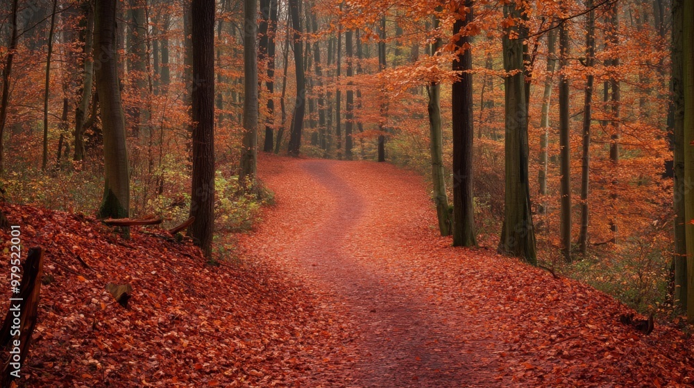 Poster a winding path through a forest of autumnal trees