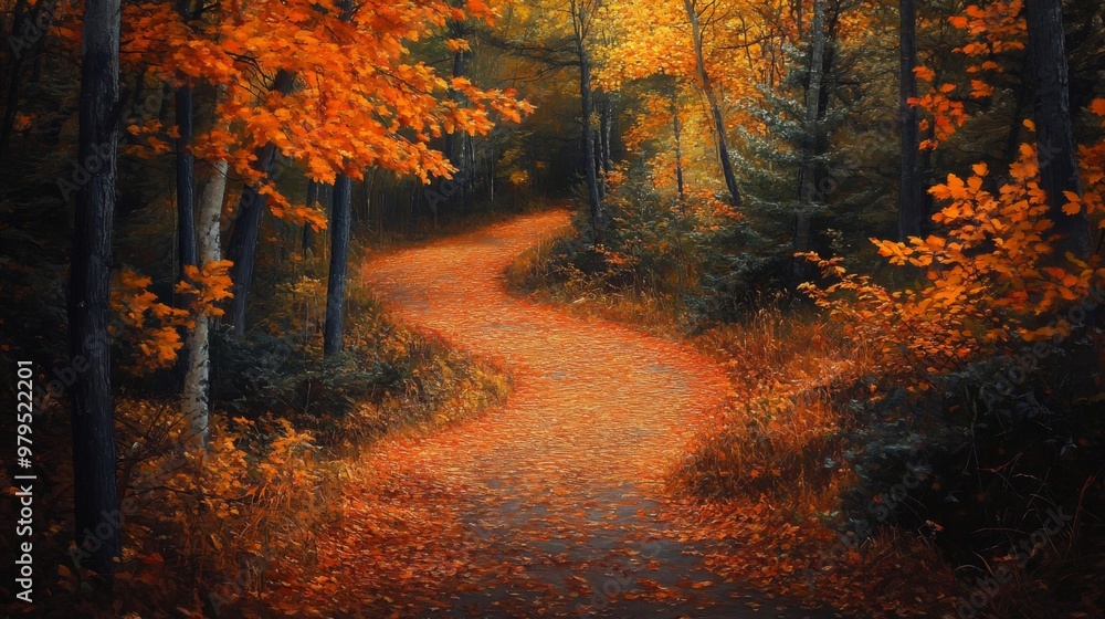Poster winding path through a forest of fall colors