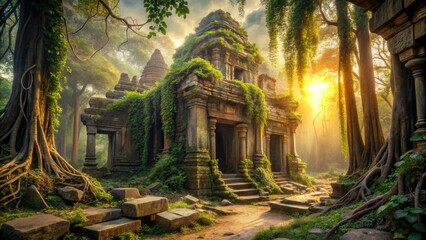 Ancient Temple Ruins Overgrown Vines Atmospheric Warm
