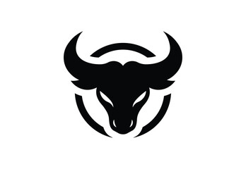 Black Bold Bull Silhouette in Circle Logo on White Background