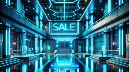 Fototapeta premium futuristic vector sale concept neon lights glowing cyan hues high-tech atmosphere innovations shopping futuristic architecture