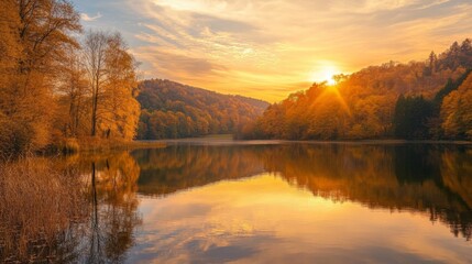 Fototapeta premium Golden Sunset Reflection on a Calm Lake Surrounded by Autumn Foliage