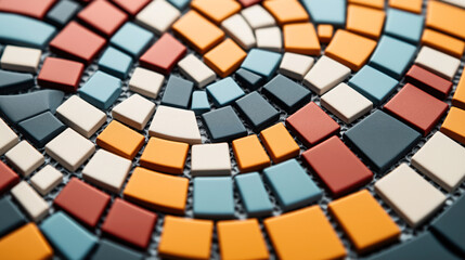 Close-up of colorful mosaic tiles arranged in a spiral pattern. The tiles are in various shapes and colors, including blue, orange, red, and cream.
