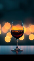  A glass of wine on a table against a blurred backdrop of bustling bokeh lights