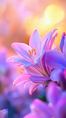 Fototapeta premium A tight shot of a pink bloom against a softly blurred backdrop of blue and pink blossoms