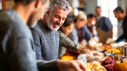 A man with a grey beard smiling, looking at a table full of pumpkins and baked goods