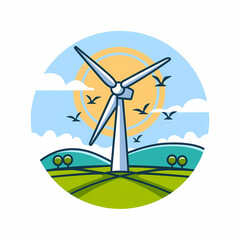 A wind turbine in a sunny green field, spinning to generate clean energy, with birds flying around, cartoon illustration