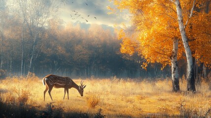 A Deer Grazing in a Golden Autumn Forest