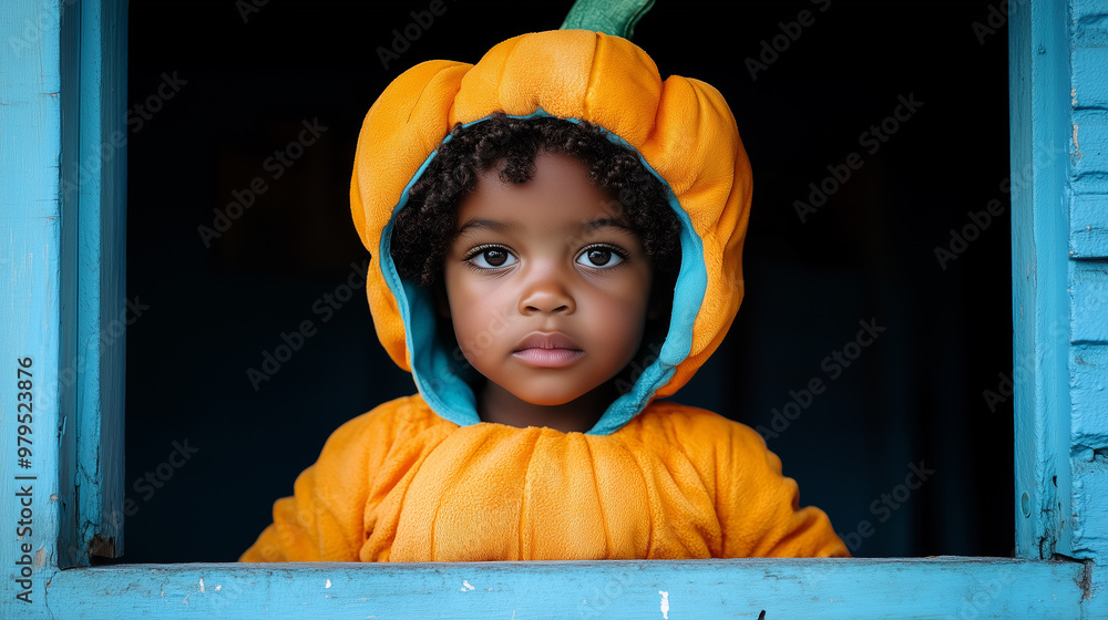 Poster portrait of a child wearing a halloween pumpkin costume.