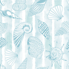 Sea. Art seamless pattern on the marine theme with  seashells on waves watercolor background. Vector. Perfect for design templates, wallpaper, wrapping, fabric, print and textile.