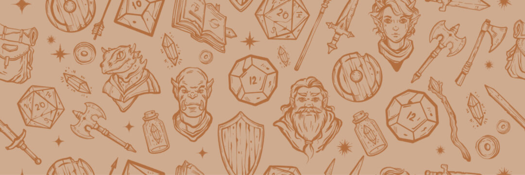 Fantasy RPG game seamless pattern, dungeon dragon vector web banner, medieval weapon, shield, axe. Role playing doodle background, magic book, sword, wizard staff. Adventure fantasy pattern print