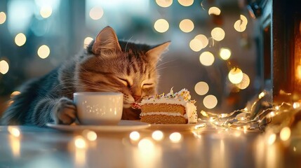 A cozy and magical evening featuring a cat sitting by the fireplace, savoring a slice of cake under twinkling fairy lights, celebrating its special birthday with warmth and joy.