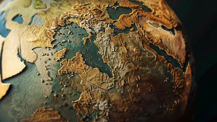 Exploring the intricate details of a textured globe depicting the Middle East and surrounding regions at a close-up angle