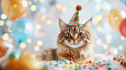 A heartwarming birthday party scene featuring a joyful cat surrounded by its playful friends, all wearing silly hats and enjoying a delightful celebration together.