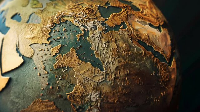Exploring the intricate details of a textured globe depicting the Middle East and surrounding regions at a close-up angle