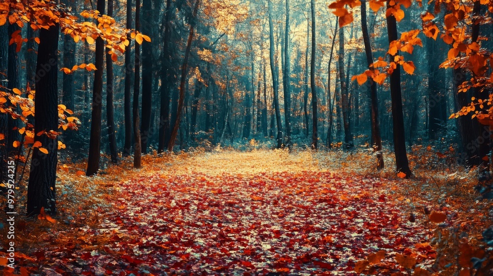 Poster a path through an enchanting autumn forest