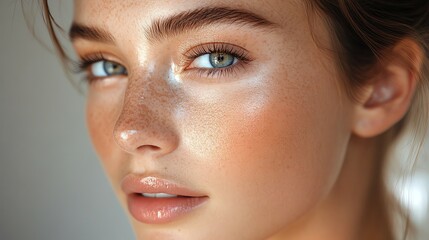 Obraz premium Closeup portrait of a young woman with freckles and natural makeup.