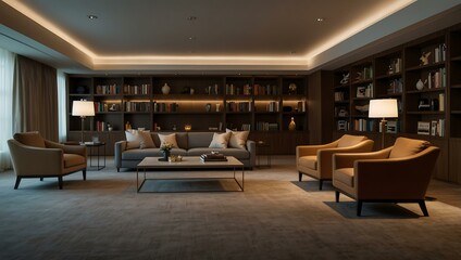 Business lounge with a grand bookshelf, plush armchairs, and ambient lighting for reading.