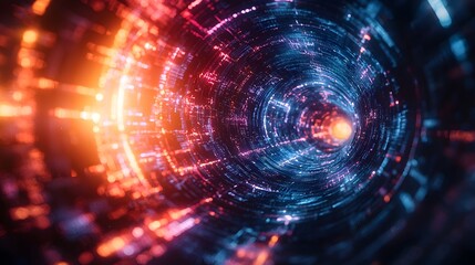 Fototapeta premium Vibrant Digital Tunnel of Light: A Journey Through the Depths of Technological Abstraction Art. Abstract Tunnel Background