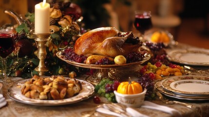 A Festive Thanksgiving Dinner Table Setting with Roasted Turkey, Cranberry Sauce, and Bread Pudding