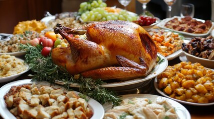 Obraz premium Roasted Turkey and Side Dishes on a Festive Table