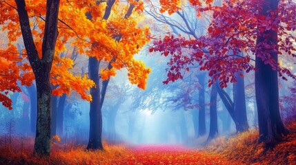 Fototapeta premium Misty Autumn Forest Path with Colorful Foliage
