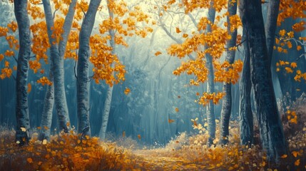 A Path Through a Misty Autumn Forest with Golden Leaves