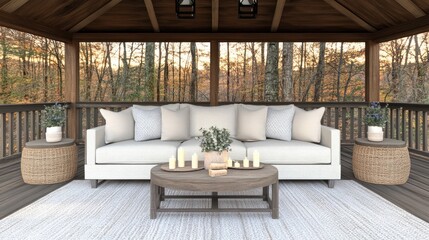 This inviting living room boasts a white sofa with beige pillows, illuminated by candles. A breathtaking sunset cityscape can be seen through the window, creating a warm atmosphere