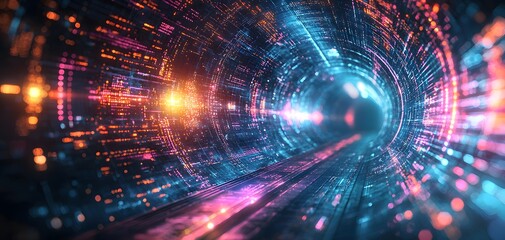 Obraz premium A Stunning Journey Through a Vibrant Neon Tunnel of Light and Futuristic Patterns Awaits You. Abstract Tunnel Background