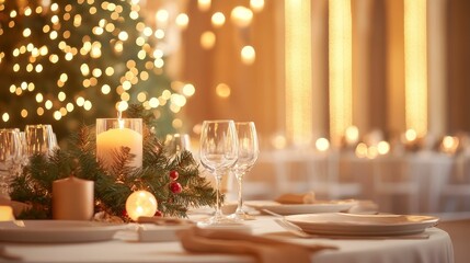 Christmas ceremony reception in a grand hall with a towering decorated tree, festive tablescapes, and warm lighting