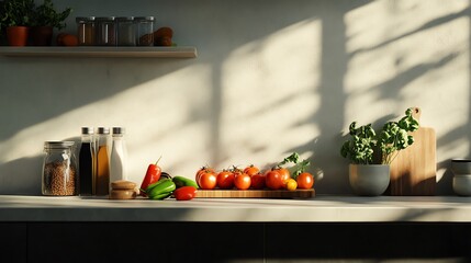 A panoramic view of a minimalist kitchen, where culinary arts meet sleek designs, soft shadows creating depth, vibrant ingredients artfully arranged, photorealistic finish