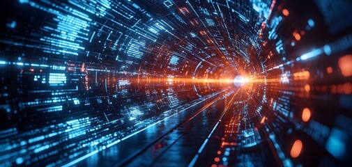 Obraz premium A Journey Through a Vibrant Digital Tunnel of Light: Speeding Through the Future's Illumination. Abstract Tunnel Background