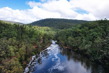 Aerial view of the Murray River and bush forests of Lane Poole Reserve in Dwellingup, Western Australia