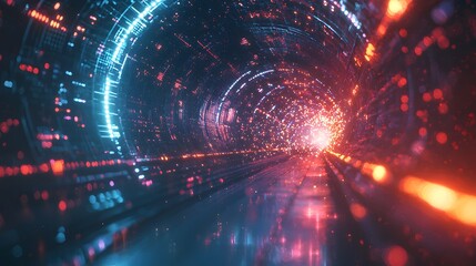 Obraz premium A mesmerizing journey through a futuristic tunnel filled with glowing lights and pulsating energy. Abstract Tunnel Background