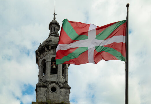 Basque flag flying in a village , Basque Country, Spain