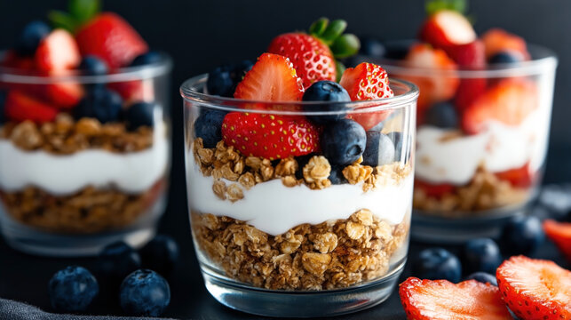 Three glasses of parfait with layers of granola, yogurt, strawberries, and blueberries on a black background, with additional blueberries and strawberry slices on the table.
