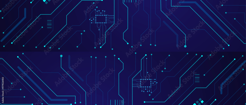 Poster Vector illustration fantastic digital technology. Technology lines circuit and dots on blue background, circuit board network connection.