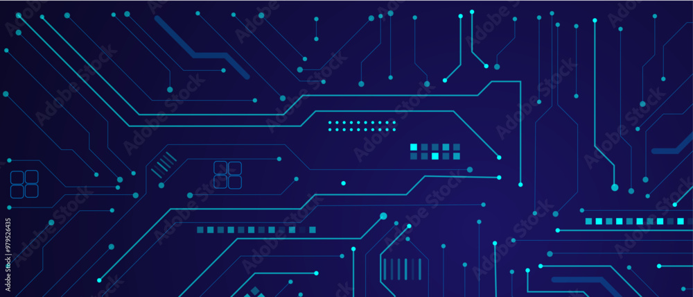 Poster Vector illustration fantastic digital technology. Technology lines circuit and dots on blue background, circuit board network connection.