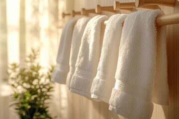 spa-themed banner featuring soft towels on a wooden rack, perfect for adding text and creating a serene ambiance
