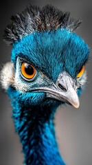 Fototapeta premium A blue bird's head with an orange eye against a black-and-white background