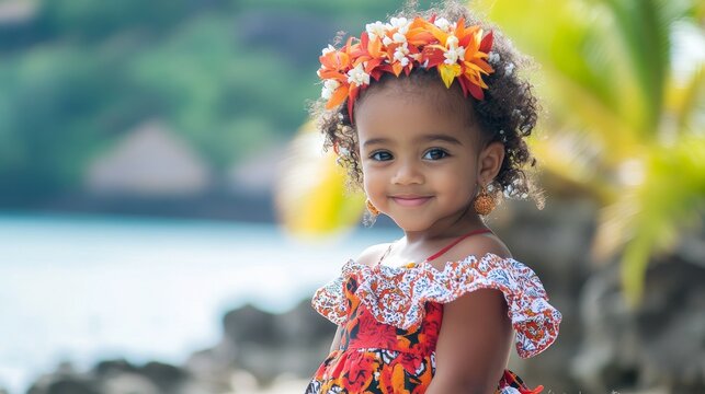 Joyful Mauritian Child in Traditional Sega Dress at Coastal Festive Celebration - Full-Body Pose with Beautiful Ocean Background