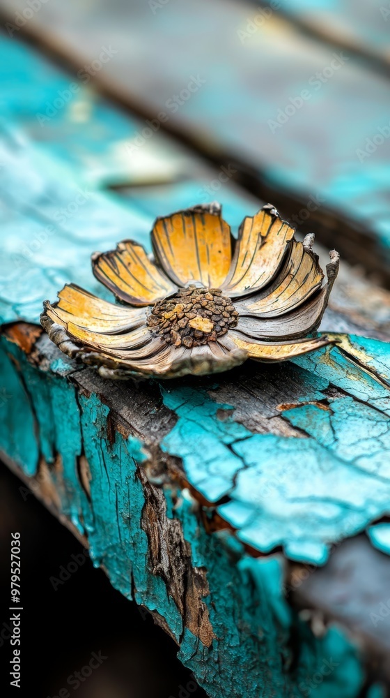 Sticker a yellow flower atop a blue bench with peeling paint the wooden bench reveals additional peeling pai