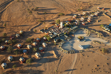 Aerial view of The Sossusvlei Lodge in Sesriem at the edge of the Namib Desert. Aerial view. Namib-Naukluft National Park, Namibia.