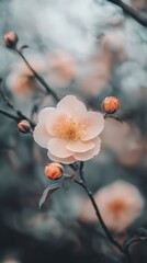  A flower in focus on a tree branch against a softly blurred backdrop of leaves and branches