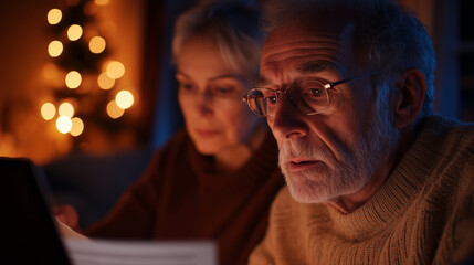 In their cozy living room, a retired couple sits together, surrounded by piles of paperwork. Theyâre focused on a detailed spreadsheet on a laptop, calculating their annual budget