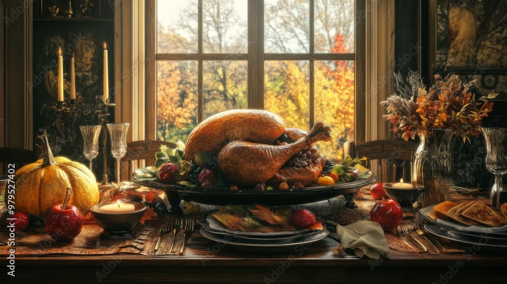 Poster roasted turkey feast table setting with fall window view
