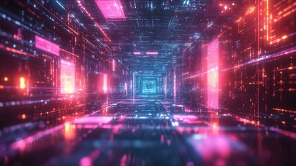 Fototapeta premium Exploring a Futuristic Digital Tunnel with Vibrant Neon Lights and Abstract Patterns