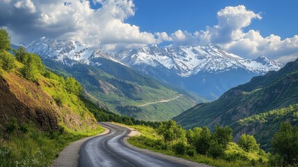 Fototapeta premium A scenic mountain road with dramatic switchbacks and breathtaking views of snow-capped peaks and valleys, capturing the grandeur of the landscape.