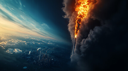 Fototapeta premium A dramatic visual of fiery destruction descending through clouds, depicting the contrast of nature and chaos in the sky.